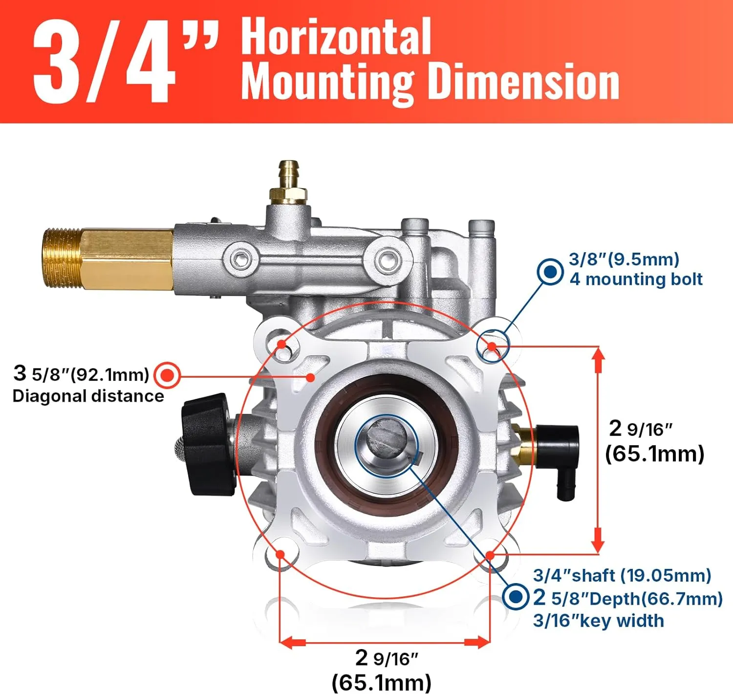 YAMATIC 3/4" Shaft Horizontal Pressure Washer Pump 3400 PSI @ 2.5 GPM Replacement Pump for Power Washer Compatible with Homelite, Troybilt, Simpson, Karcher Honda GC160 GC190 AR rmv 2.5g30 and More