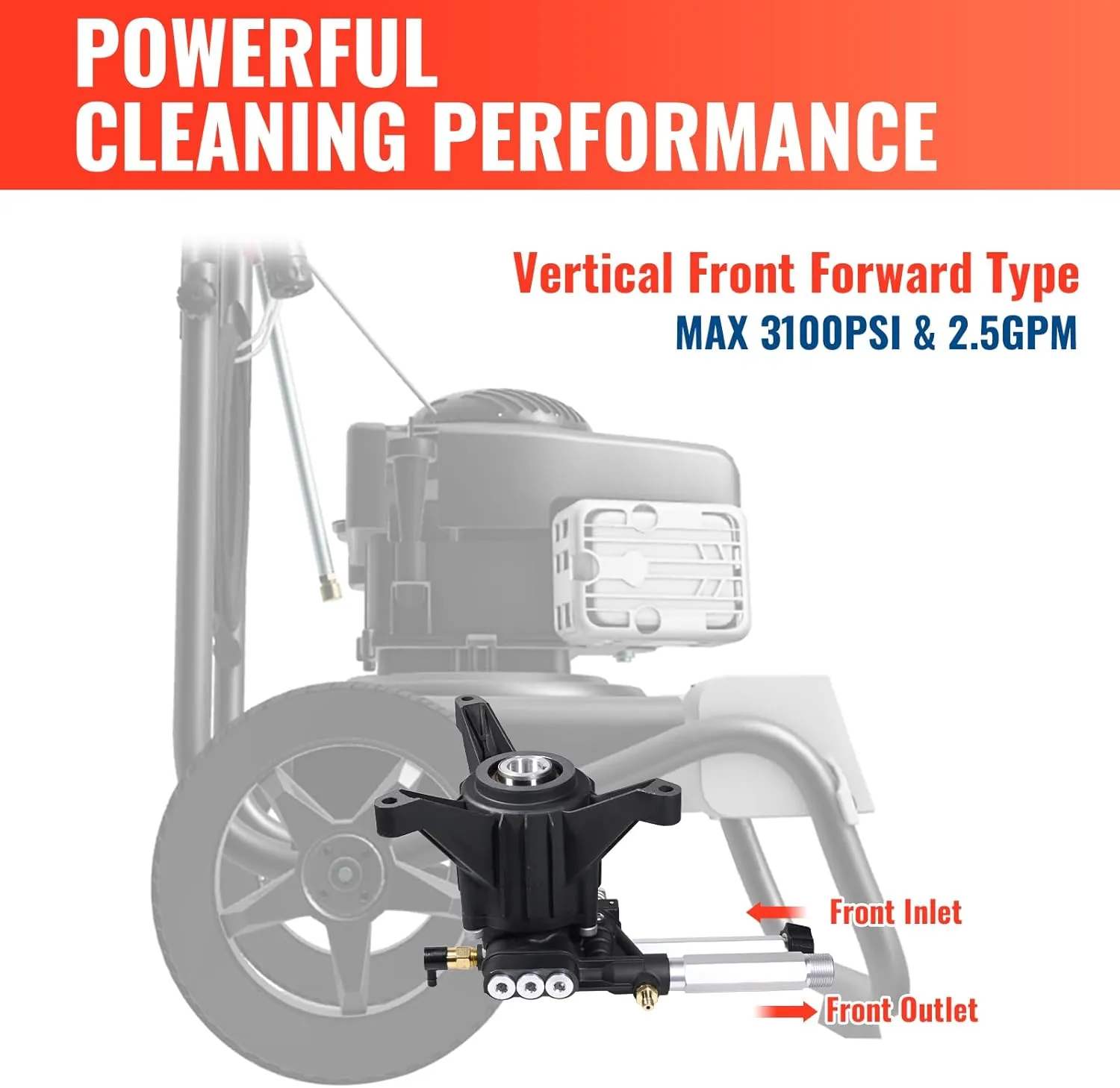 YAMATIC 7/8" Shaft Vertical Pressure Washer Pump, Front Inlet/Outlet 2600-3100 PSI @2.5 GPM Replacement Pump for Power, Compatible with Troybilt, AR, Craftsman