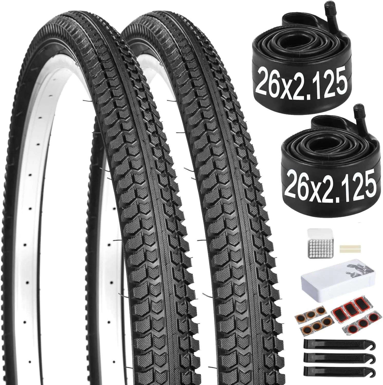 yeesport 26 Inch Mountain Bike Tires, 2 Pack Foldable 26 x 2.125“ Bike Tire & 26 Inch Bike Tubes with Repair Kit, 26x2.125 Bicycle Tire Tube for MTB,BMX