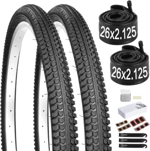 yeesport 26 Inch Mountain Bike Tires, 2 Pack Foldable 26 x 2.125“ Bike Tire & 26 Inch Bike Tubes with Repair Kit, 26x2.125 Bicycle Tire Tube for MTB,BMX