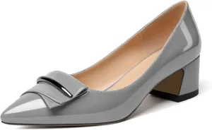 YODEKS Low Chunky Block Heel Slip on Women's Pointed Toe Pumps Closed Toe Dress Pump Shoes for Pary Dress Work Office Workplace US Size 9 Grey Patent