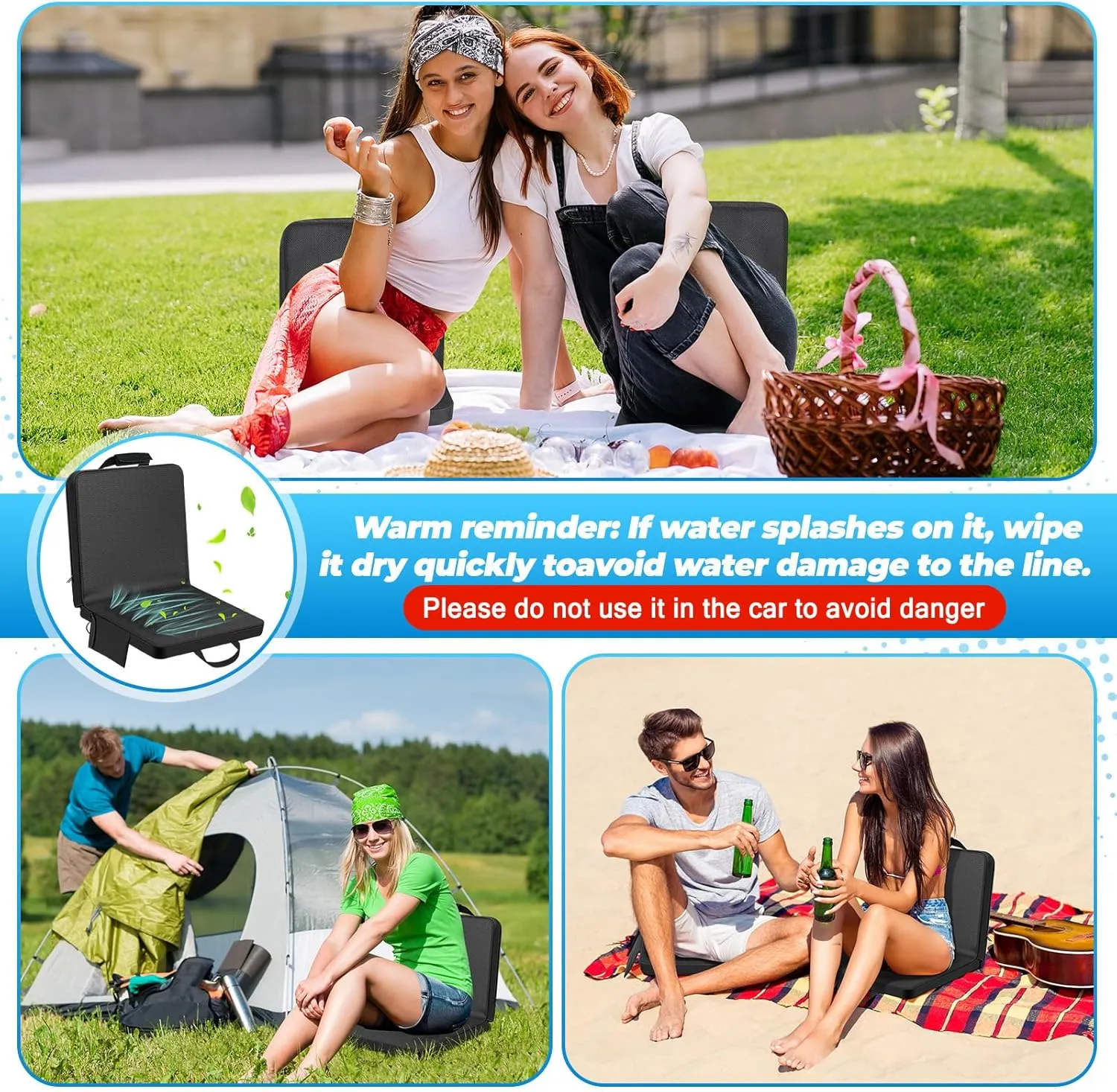 Zubebe 2 Pack Cooling Stadium Seats Camping Chair with Fan and USB 3 Level Adjustable, Cooling Seat for Bleachers with Back Support Foldable for Summer Outdoor Sport Event Camp Beach Fishing Portable