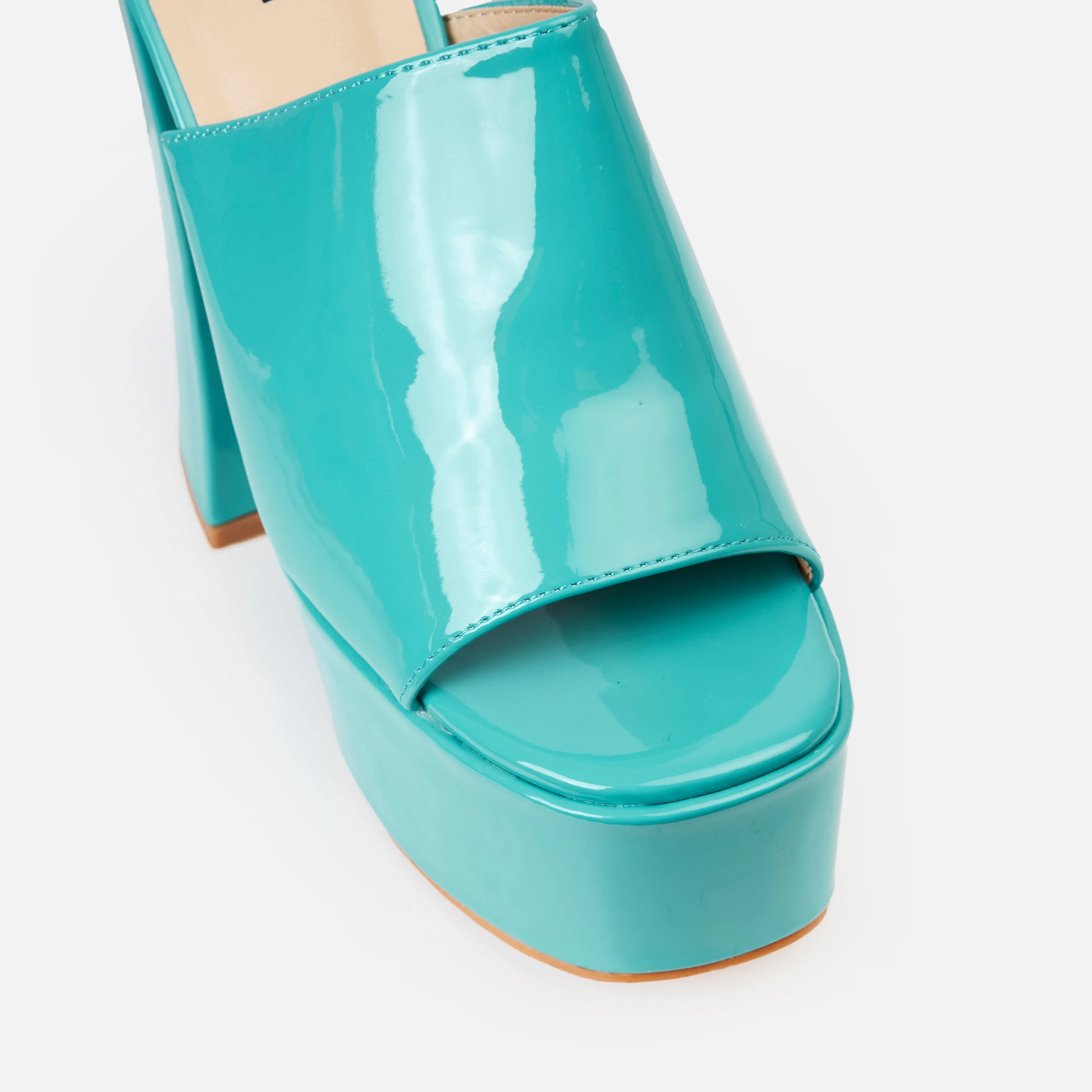 Zuma Teal Patent Platform Mules