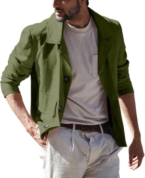 ZYXTIM Men's Lightweight Casual Cropped Canvas Windproof Jacket Coat Loose Fit Button Down Lapel Solid Cardigan Coat
