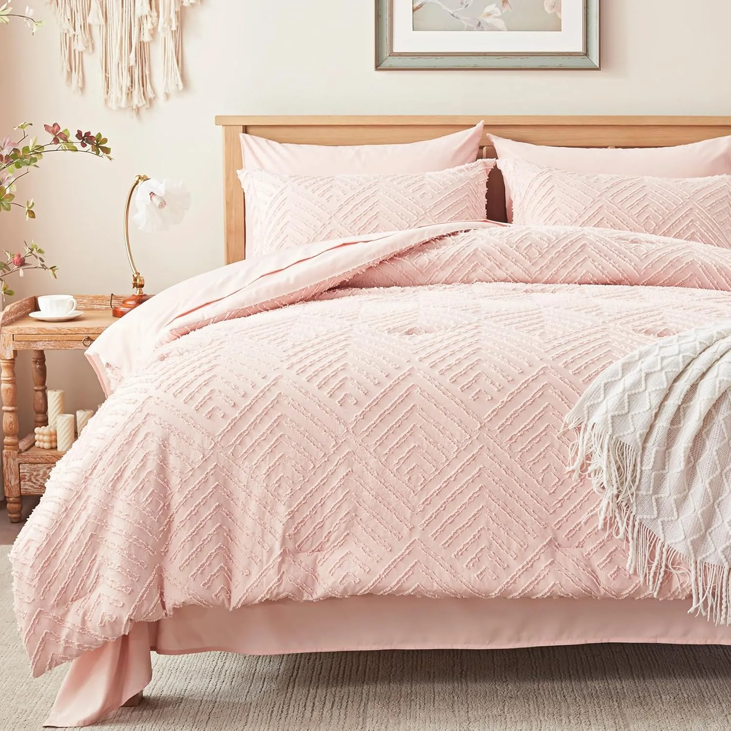 Zzlpp Full Comforter Set 7 Pieces, Pink Tufted Bed in a Bag with Comforter and Sheets, All Season Boho Bedding Sets with 1 Comforter, 2 Pillow Shams, 2 Pillowcases, 1 Sheet