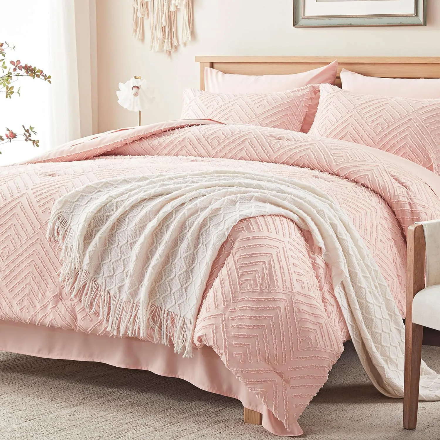 Zzlpp Full Comforter Set 7 Pieces, Pink Tufted Bed in a Bag with Comforter and Sheets, All Season Boho Bedding Sets with 1 Comforter, 2 Pillow Shams, 2 Pillowcases, 1 Sheet