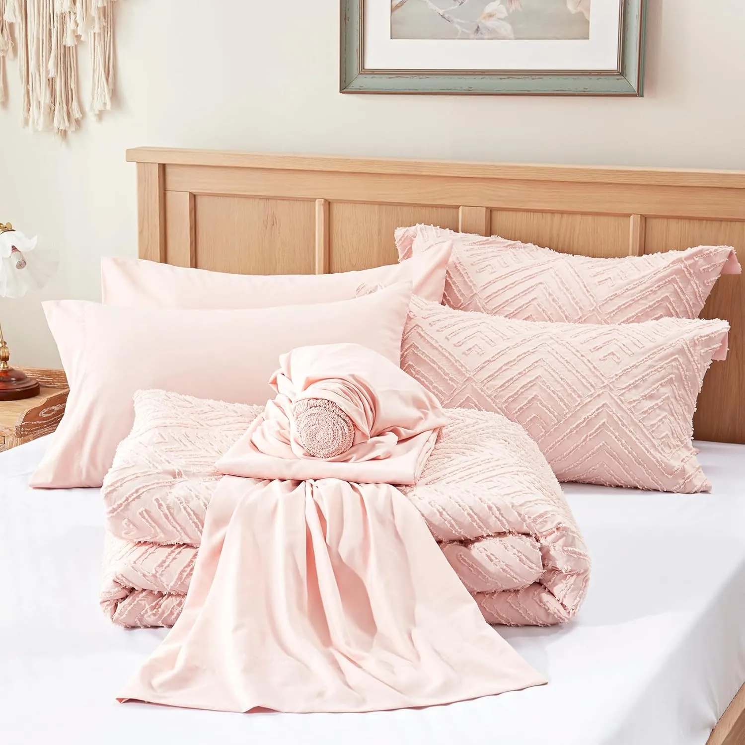 Zzlpp Full Comforter Set 7 Pieces, Pink Tufted Bed in a Bag with Comforter and Sheets, All Season Boho Bedding Sets with 1 Comforter, 2 Pillow Shams, 2 Pillowcases, 1 Sheet